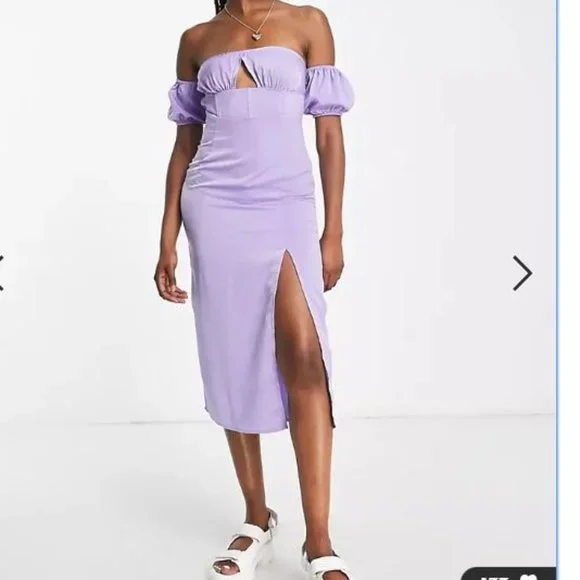 fitted lace wedding dress Dark Plum One Shoulder Bardot Ruched Midi Dress – AX Paris main image 1